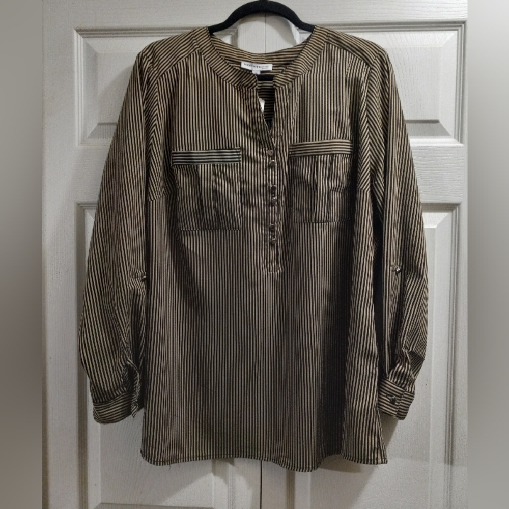 Notations Black and Tan Striped Blouse